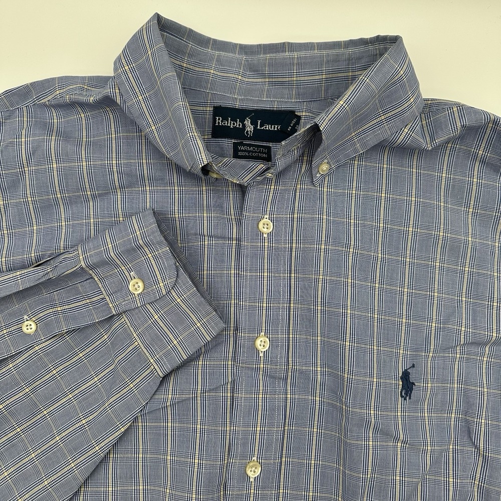Vintage Ralph Lauren Yarmouth Mens LS Shirt 18 34/35 Blue Glen Plaid Pony Logo